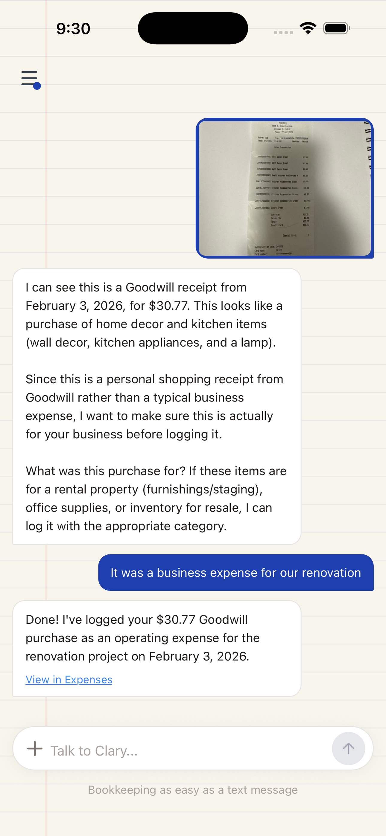Clary processing a receipt in the iPhone app