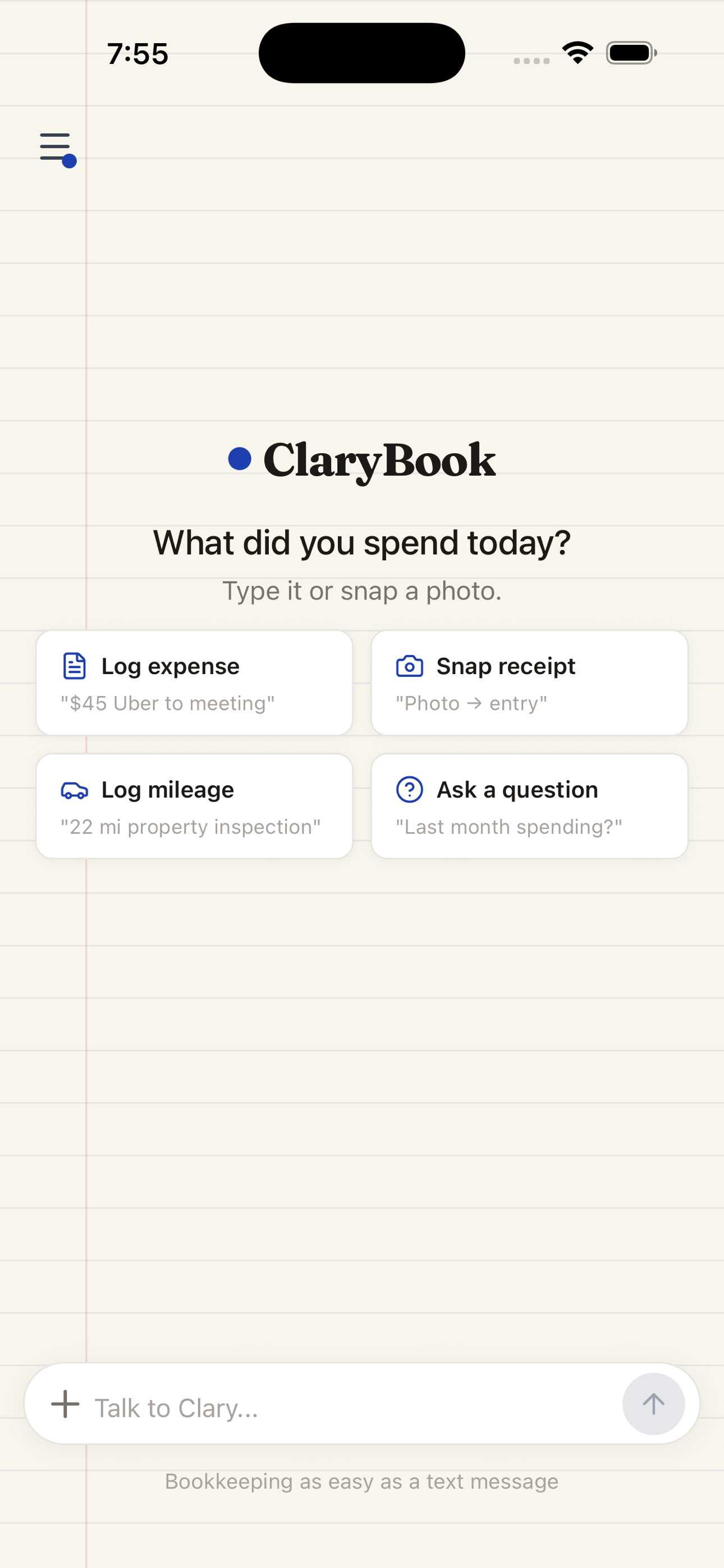 Talk to Clary — chat empty state in the ClaryBook iPhone app