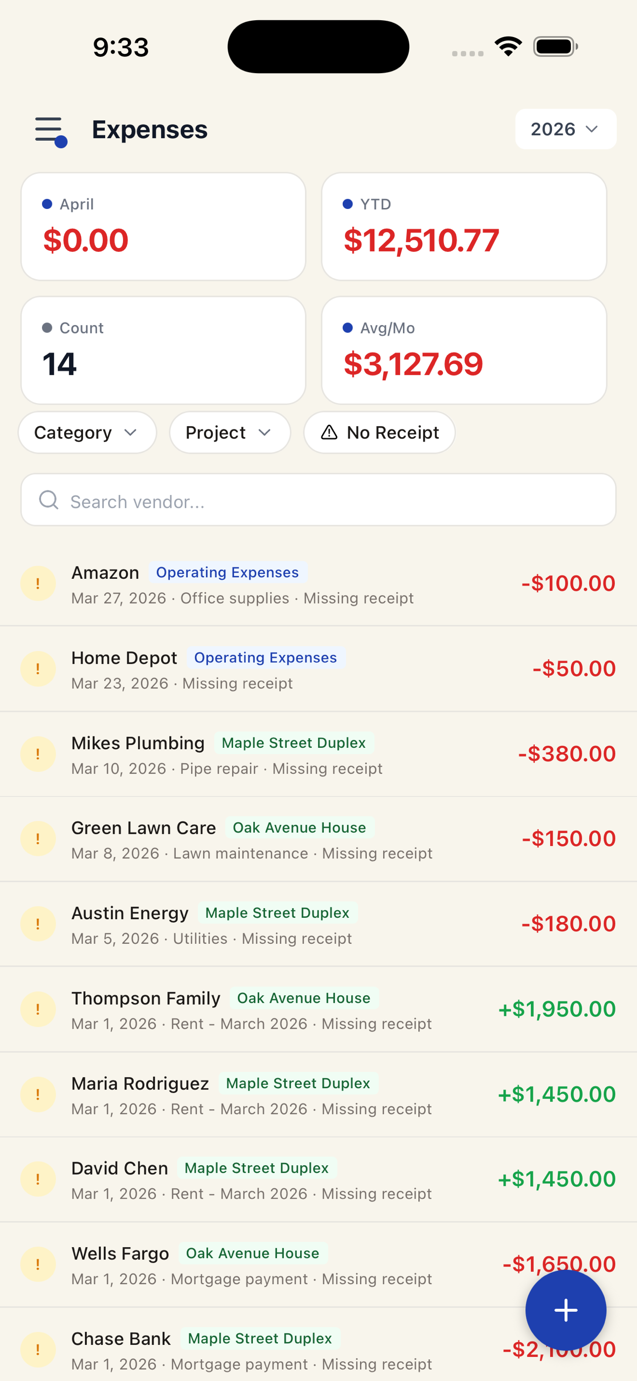 Expense list in the ClaryBook iPhone app