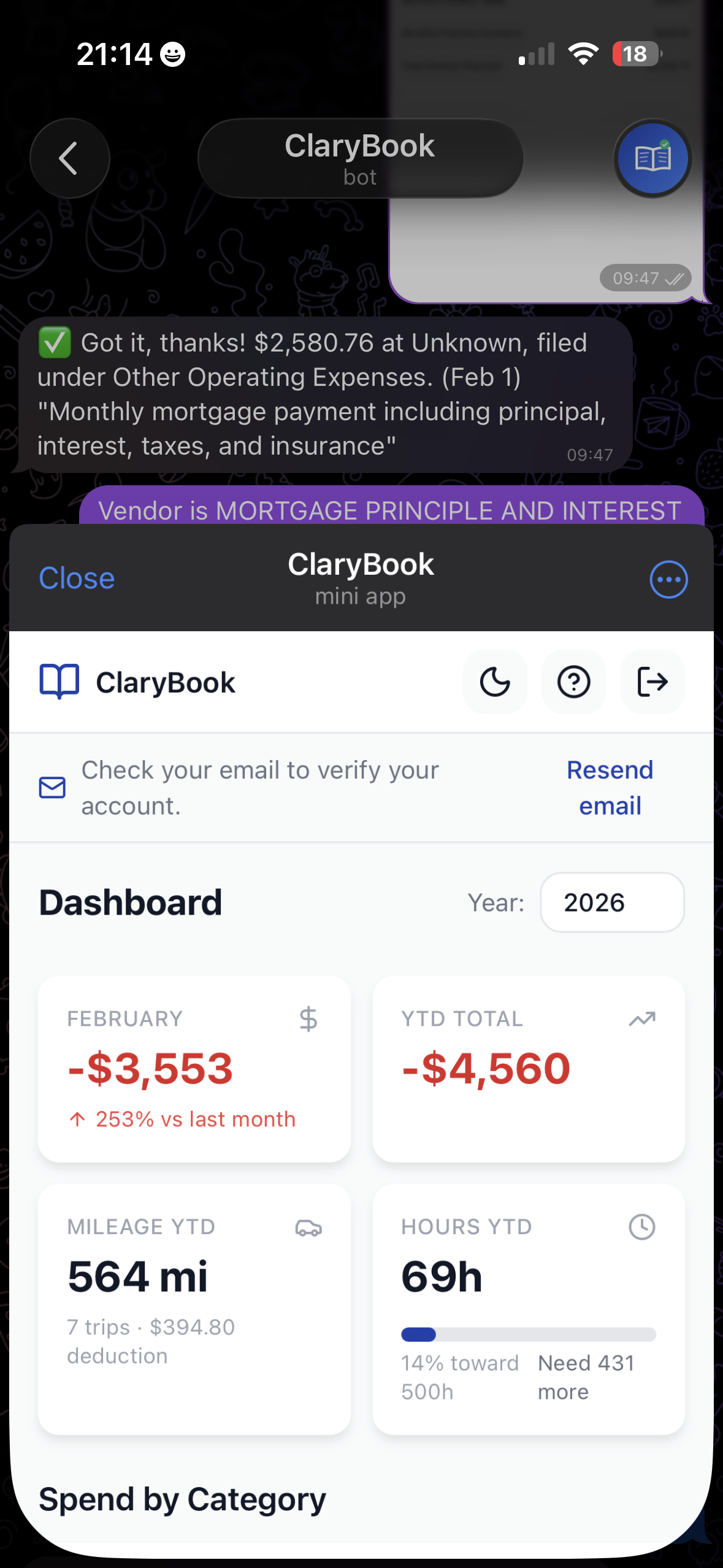 ClaryBook dashboard inside Telegram