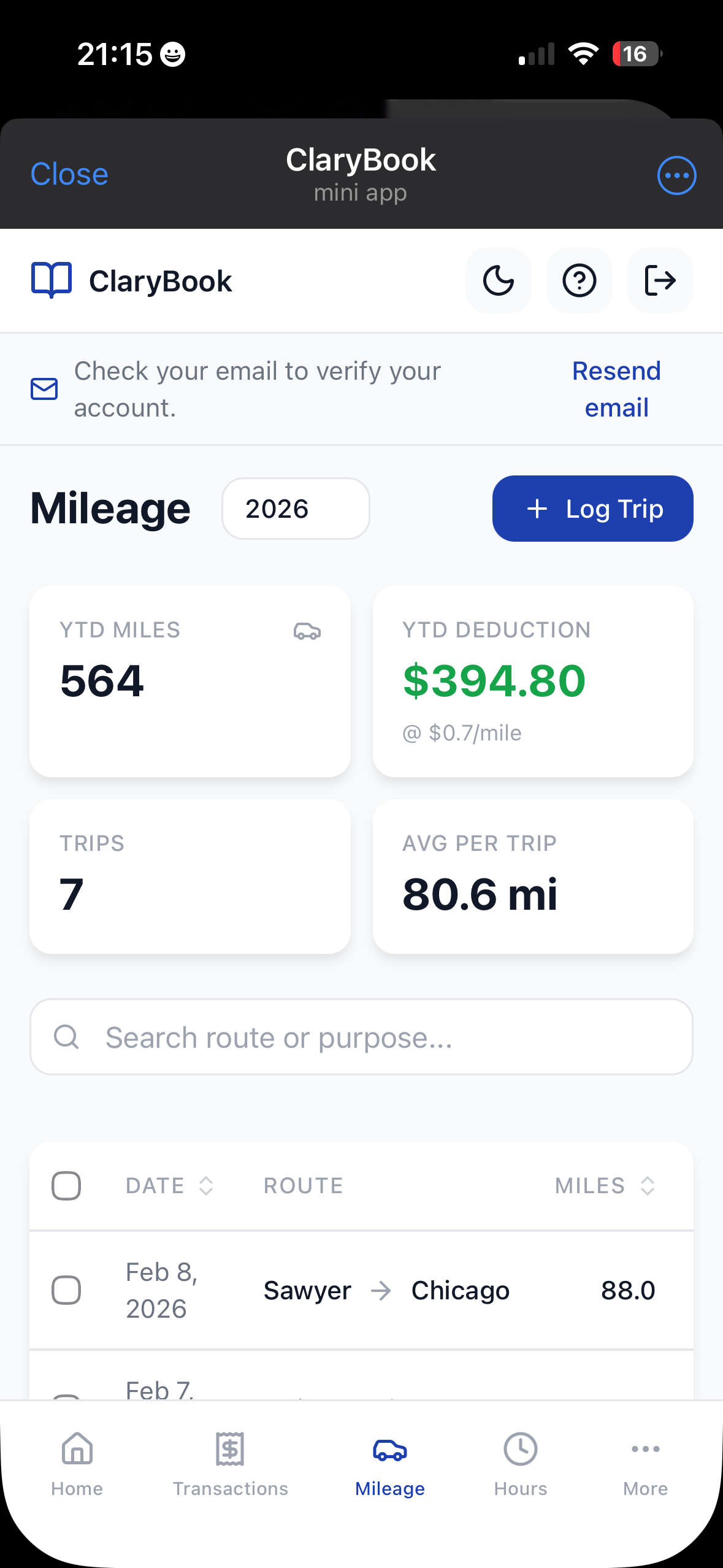 ClaryBook mileage tracker inside Telegram