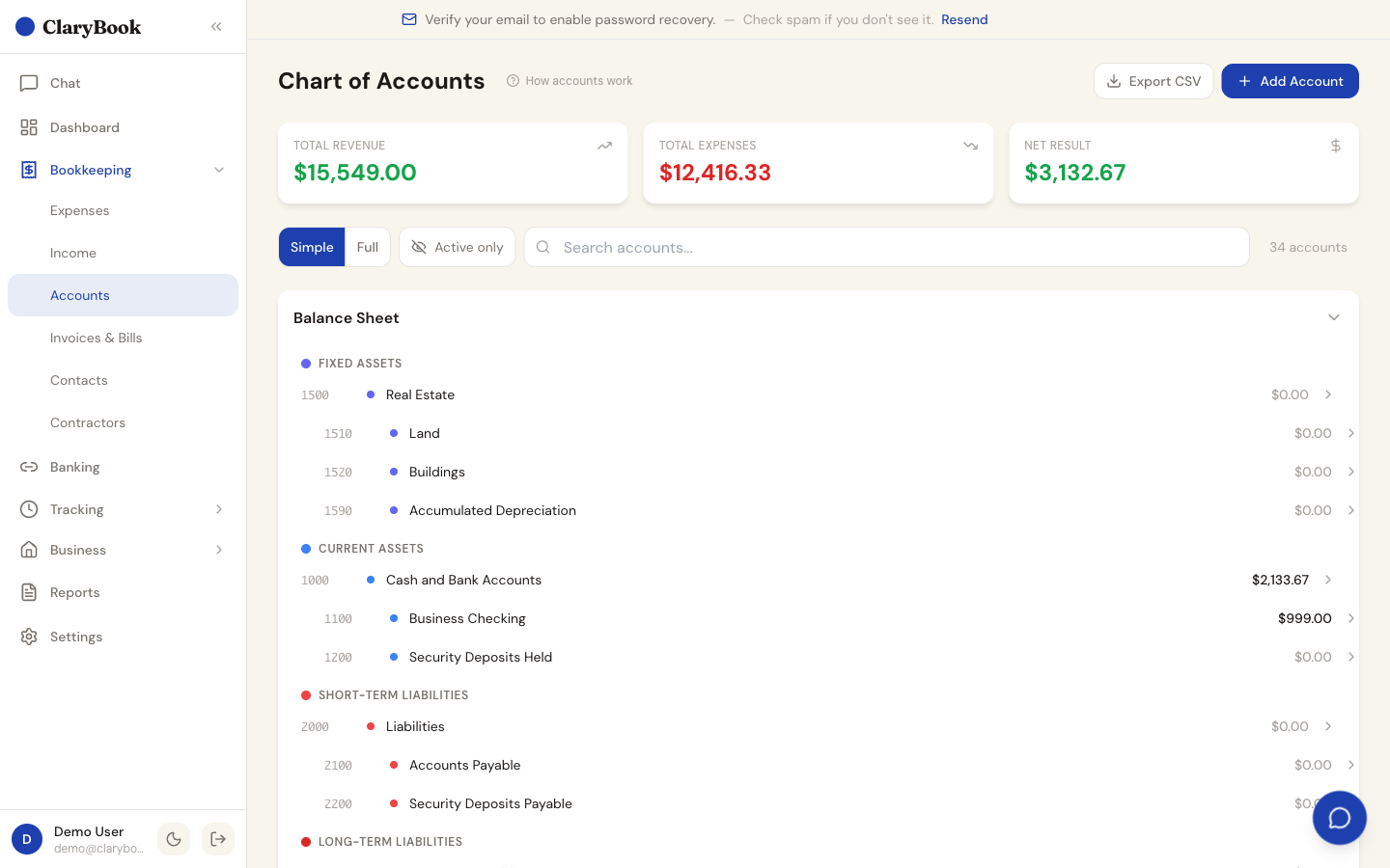 Chart of accounts — full double-entry bookkeeping