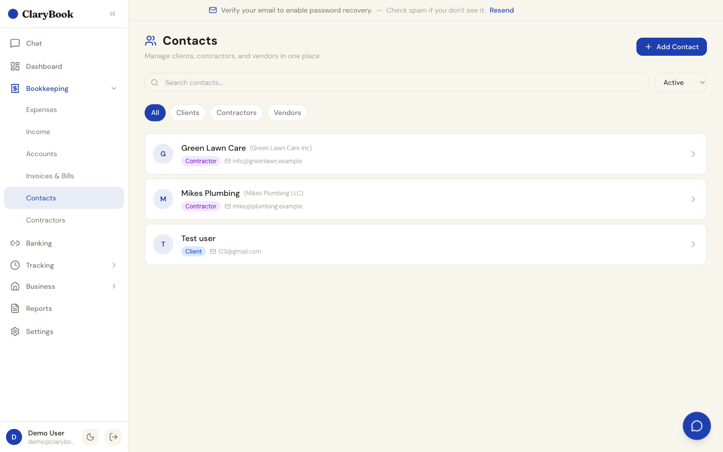 Contacts — clients, contractors, vendors in one place