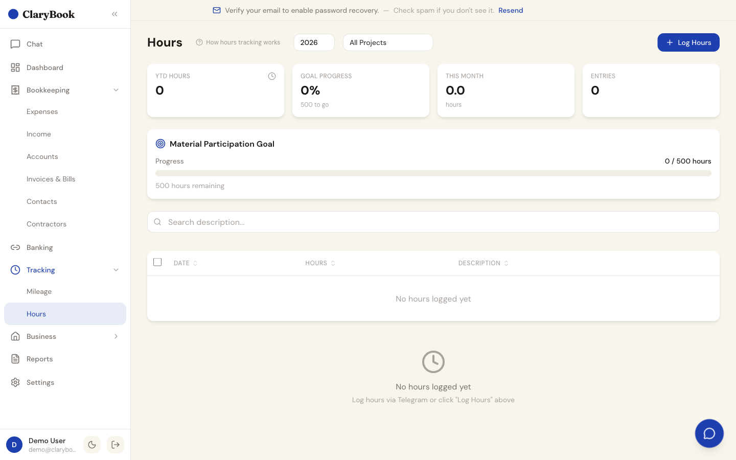Hours tracker — material participation goal