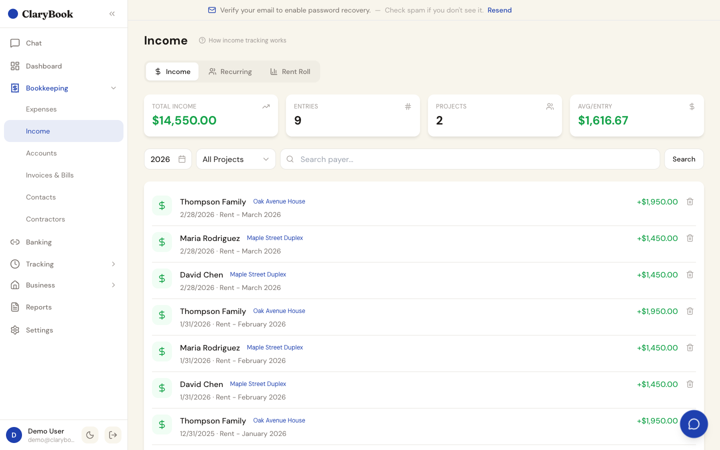 Income tracking and rent roll
