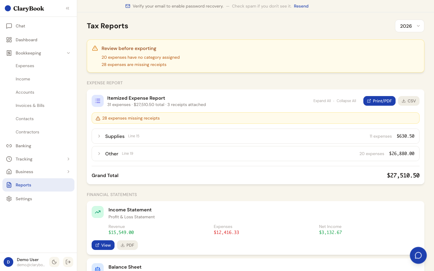Tax-ready reports — Schedule E, P&L, balance sheet, tax package